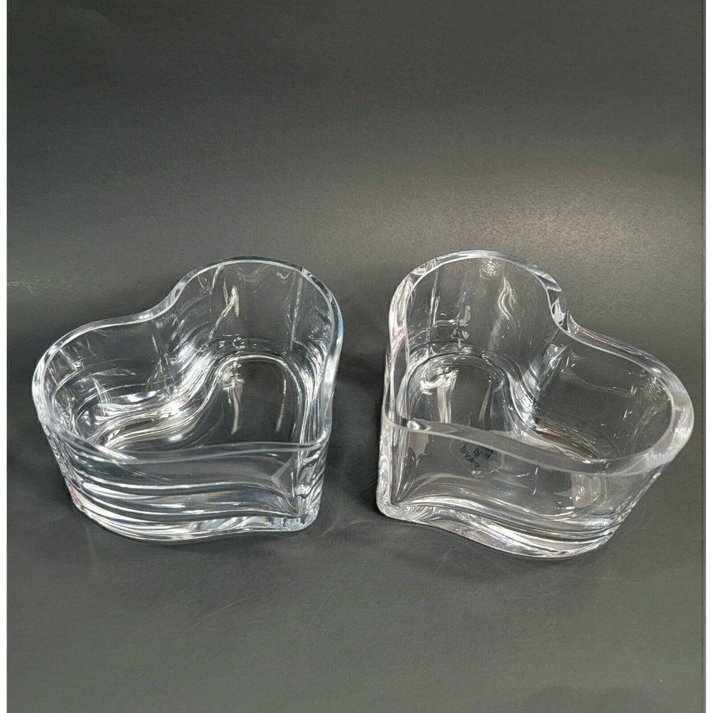 2 Vintage  Heart Shape Glass‎ Candy Valentines Dish - Made in Poland 3" x 5.5"